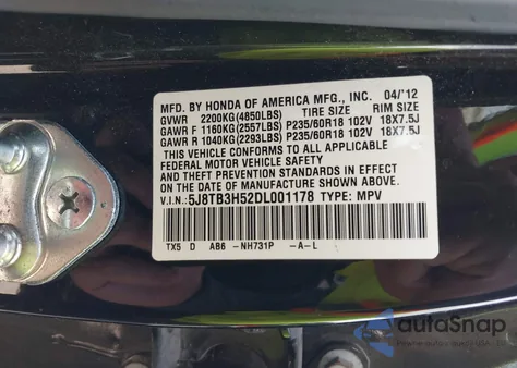 2013 Acura Rdx from USA, damaged, VIN 5J8TB3H52DL001178